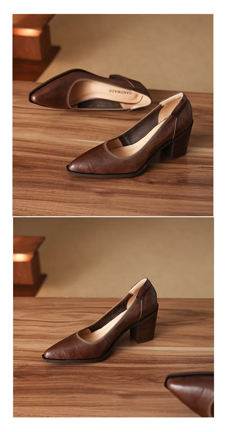 Spring pointed-toe chunky heel slip-on women's shoes in black and brown leather