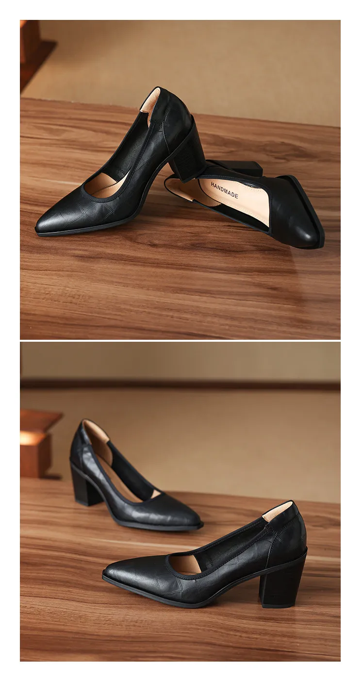 Spring pointed-toe chunky heel slip-on women's shoes in black and brown leather