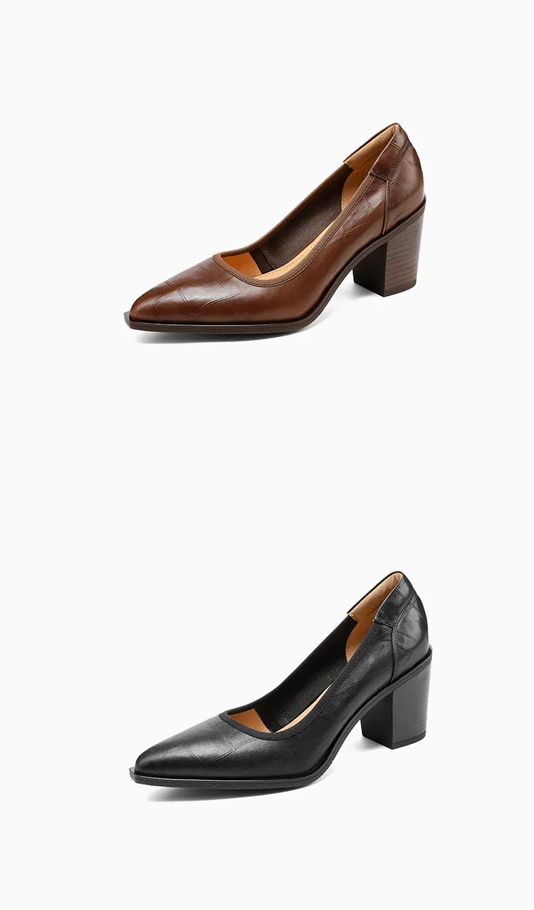 Spring pointed-toe chunky heel slip-on women's shoes in black and brown leather