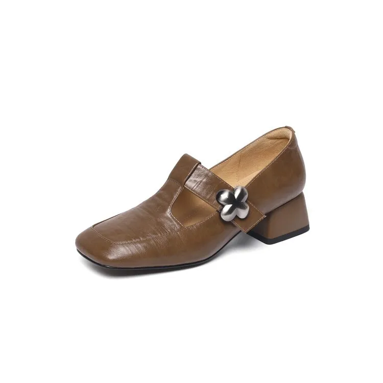 Spring chunky heeled square-toe flats in sheepskin, khaki, beige, and black, fashionable women's shoes