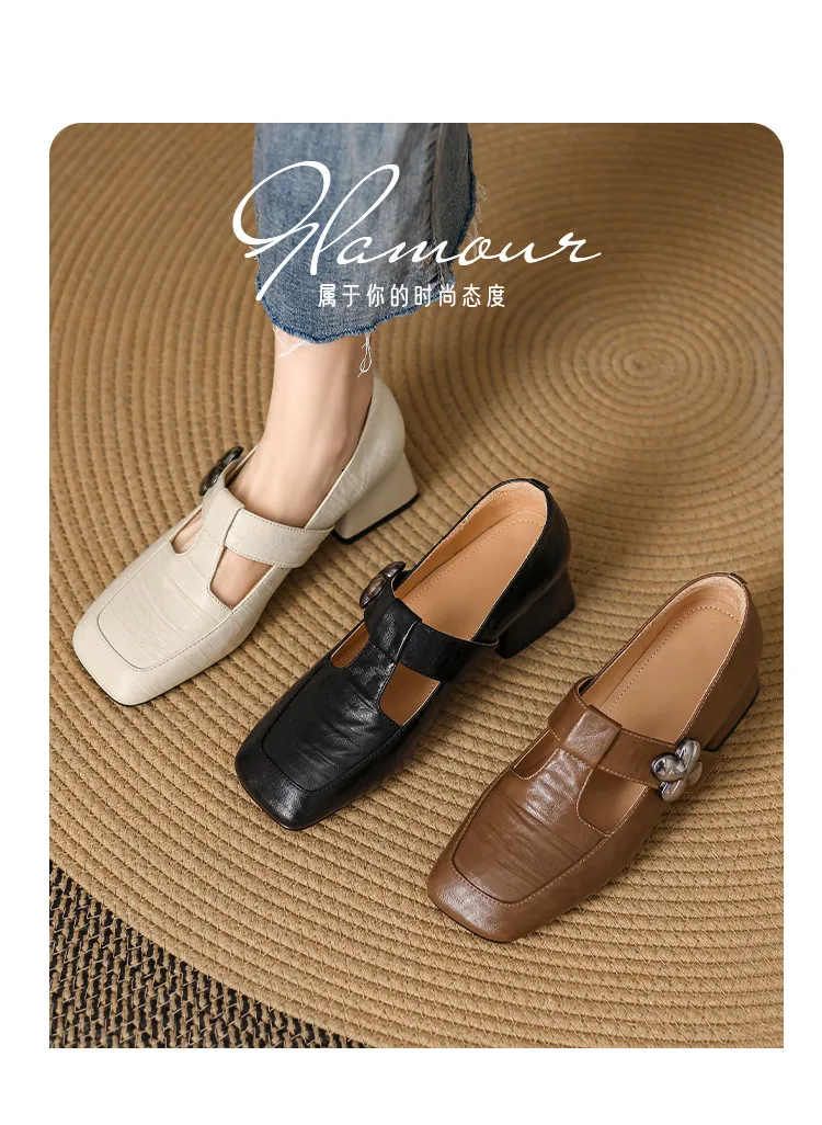 Spring chunky heeled square-toe flats in sheepskin, khaki, beige, and black, fashionable women's shoes