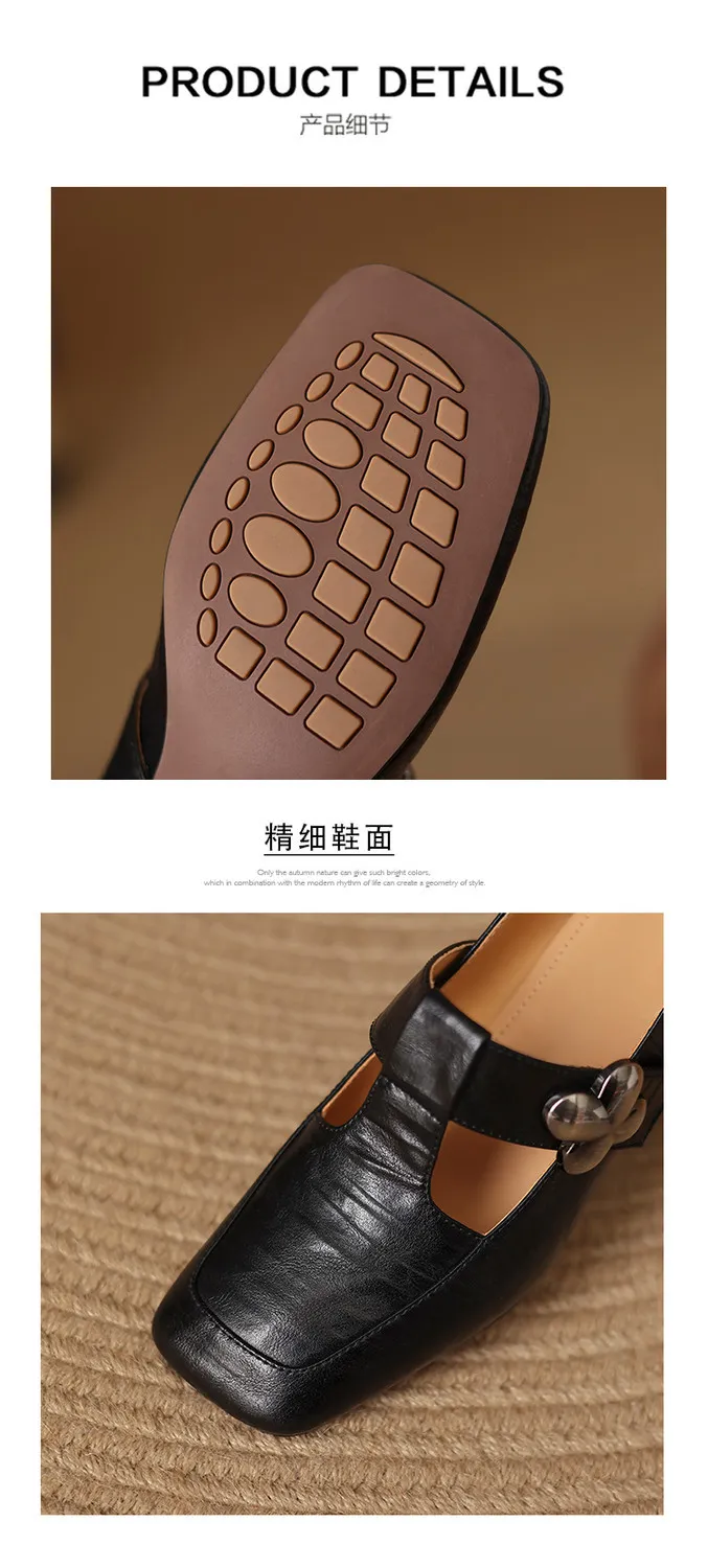 Spring chunky heeled square-toe flats in sheepskin, khaki, beige, and black, fashionable women's shoes