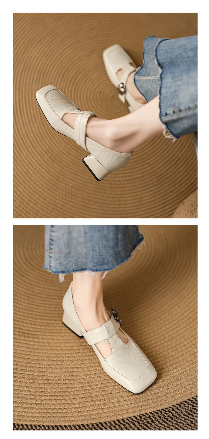 Spring chunky heeled square-toe flats in sheepskin, khaki, beige, and black, fashionable women's shoes
