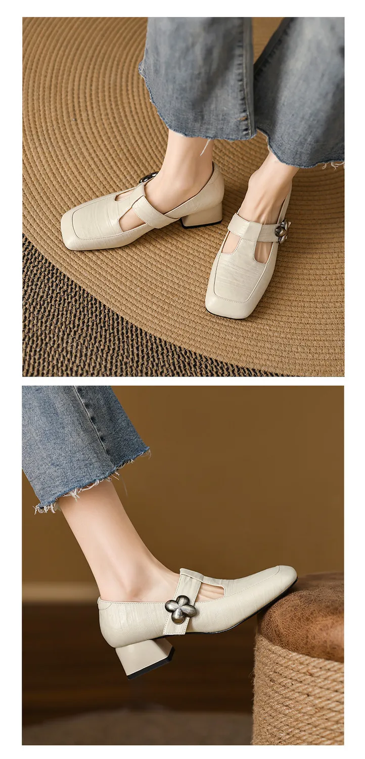 Spring chunky heeled square-toe flats in sheepskin, khaki, beige, and black, fashionable women's shoes