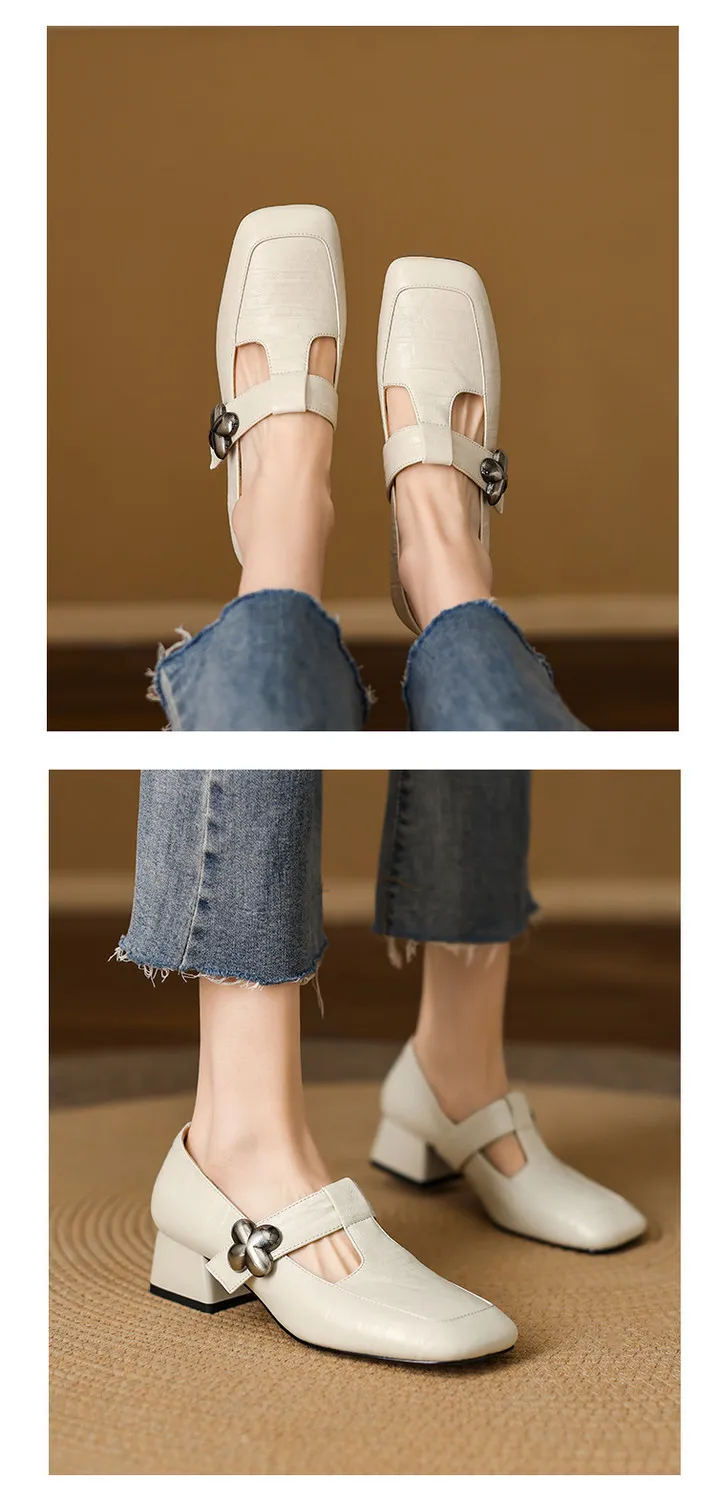 Spring chunky heeled square-toe flats in sheepskin, khaki, beige, and black, fashionable women's shoes