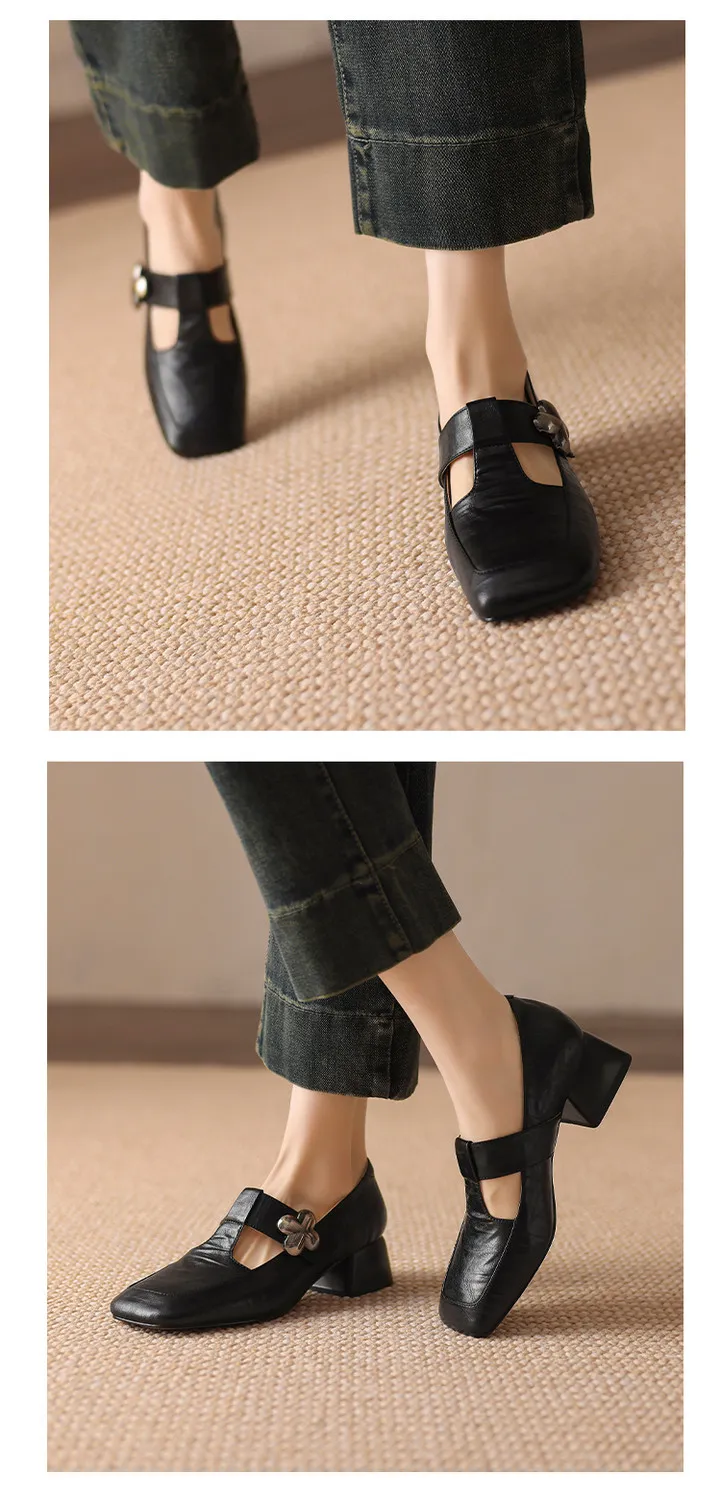Spring chunky heeled square-toe flats in sheepskin, khaki, beige, and black, fashionable women's shoes