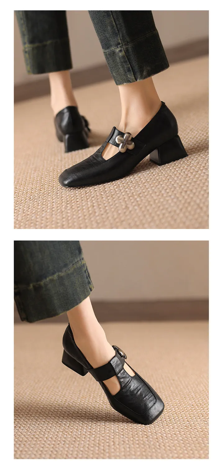 Spring chunky heeled square-toe flats in sheepskin, khaki, beige, and black, fashionable women's shoes
