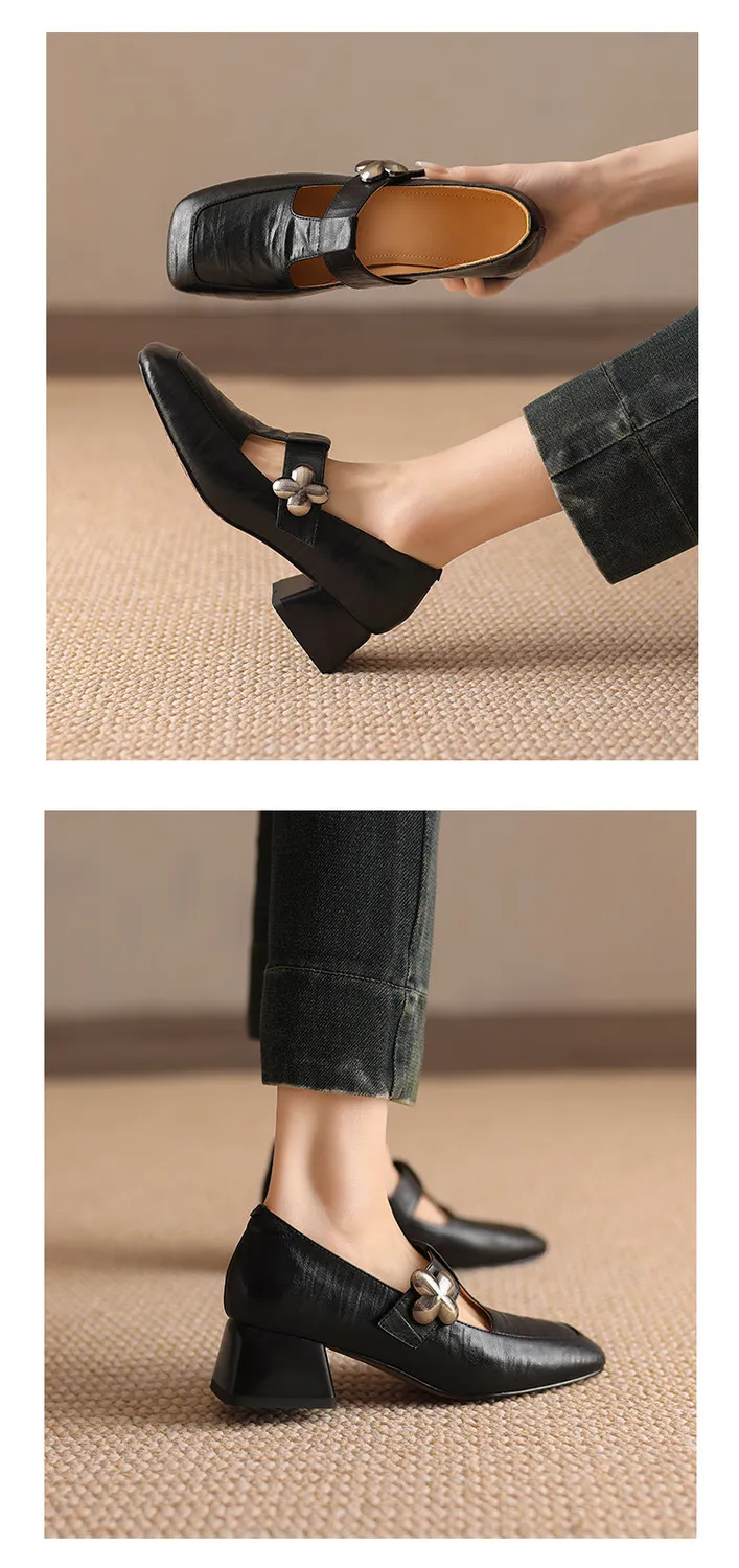 Spring chunky heeled square-toe flats in sheepskin, khaki, beige, and black, fashionable women's shoes