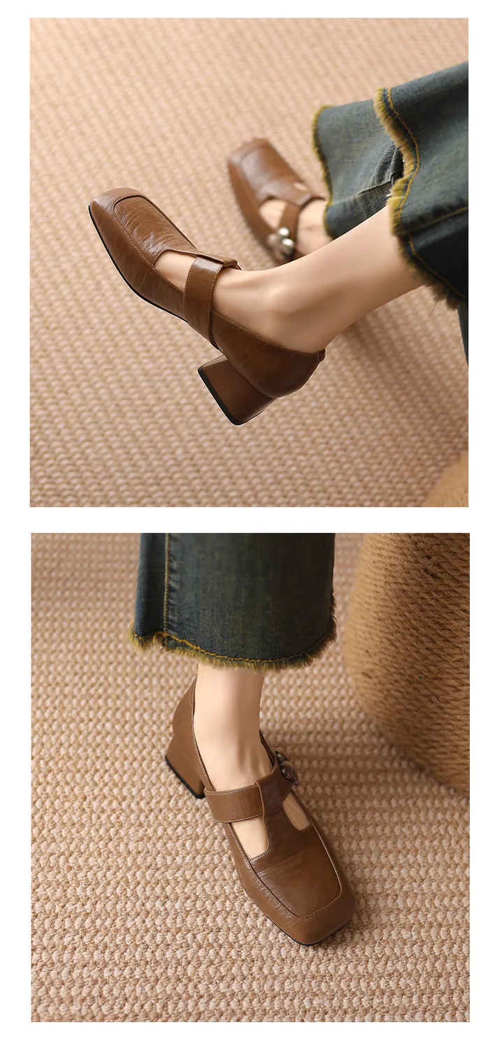 Spring chunky heeled square-toe flats in sheepskin, khaki, beige, and black, fashionable women's shoes