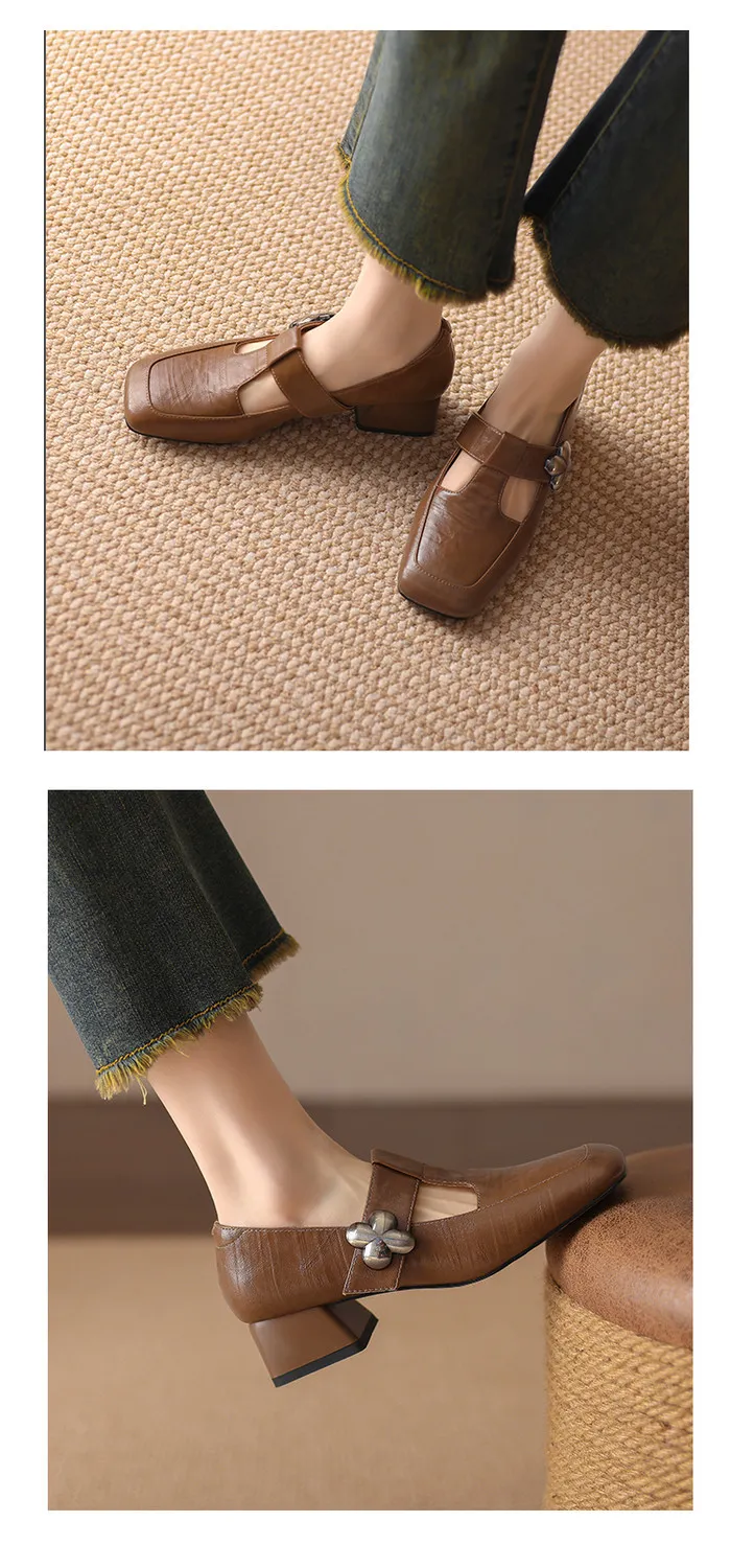 Spring chunky heeled square-toe flats in sheepskin, khaki, beige, and black, fashionable women's shoes