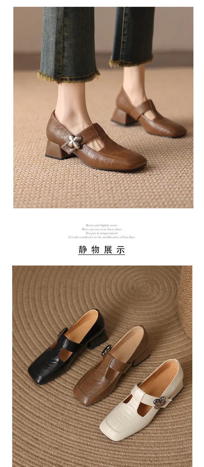 Spring chunky heeled square-toe flats in sheepskin, khaki, beige, and black, fashionable women's shoes