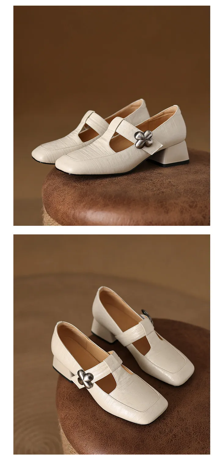 Spring chunky heeled square-toe flats in sheepskin, khaki, beige, and black, fashionable women's shoes
