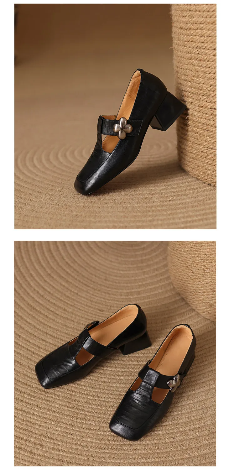 Spring chunky heeled square-toe flats in sheepskin, khaki, beige, and black, fashionable women's shoes