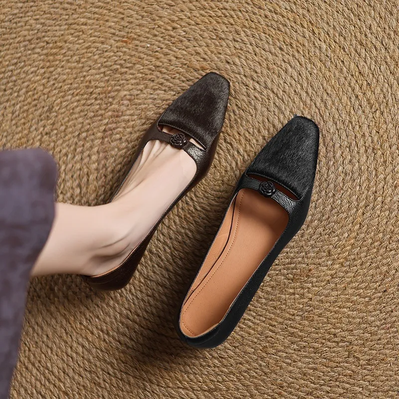 Spring/Summer Wedge Heel Square Toe Low-Cut Sheepskin Fashionable Classic Women's Shoes in Black and Brown