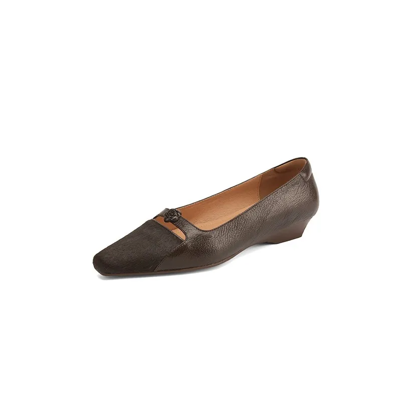 Spring/Summer Wedge Heel Square Toe Low-Cut Sheepskin Fashionable Classic Women's Shoes in Black and Brown