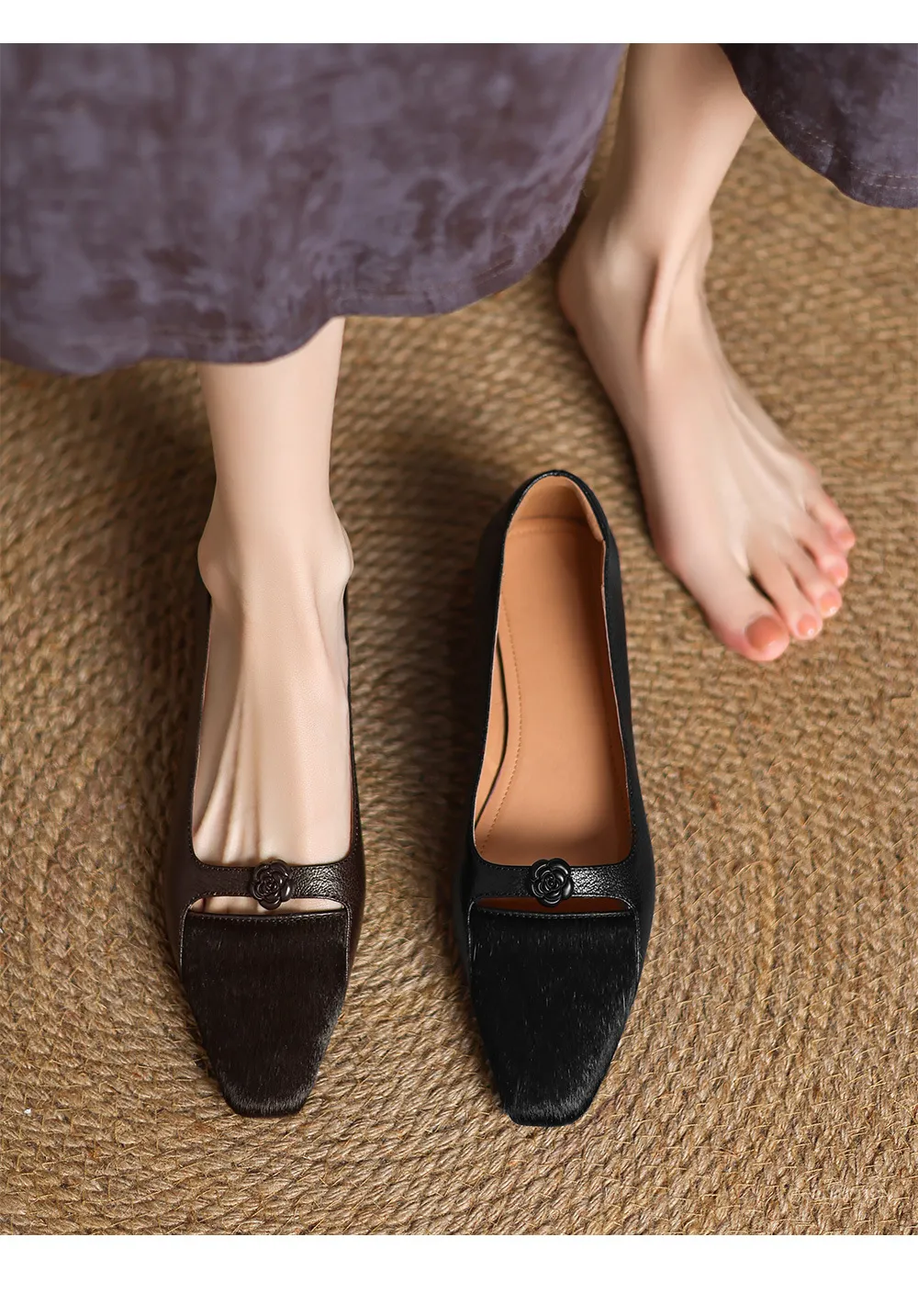 Spring/Summer Wedge Heel Square Toe Low-Cut Sheepskin Fashionable Classic Women's Shoes in Black and Brown