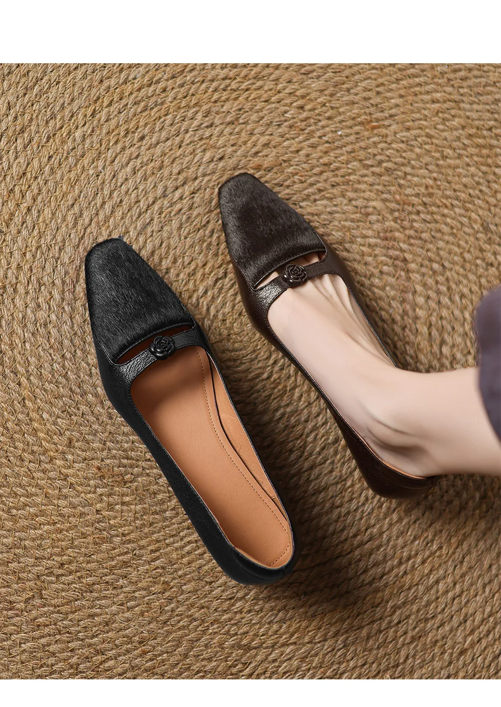 Spring/Summer Wedge Heel Square Toe Low-Cut Sheepskin Fashionable Classic Women's Shoes in Black and Brown