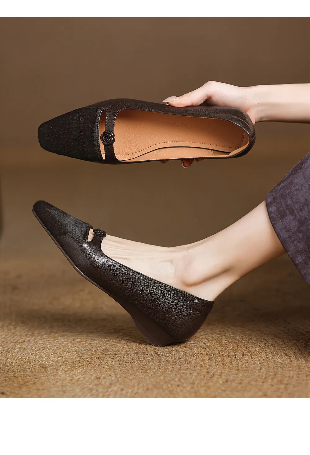 Spring/Summer Wedge Heel Square Toe Low-Cut Sheepskin Fashionable Classic Women's Shoes in Black and Brown