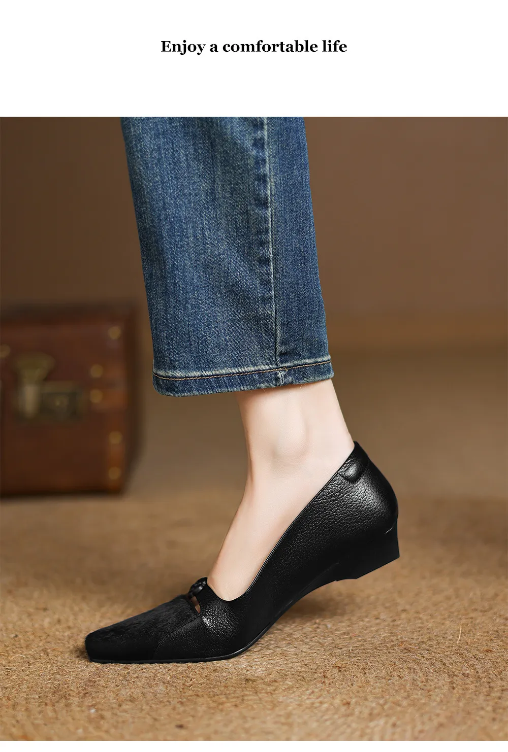 Spring/Summer Wedge Heel Square Toe Low-Cut Sheepskin Fashionable Classic Women's Shoes in Black and Brown