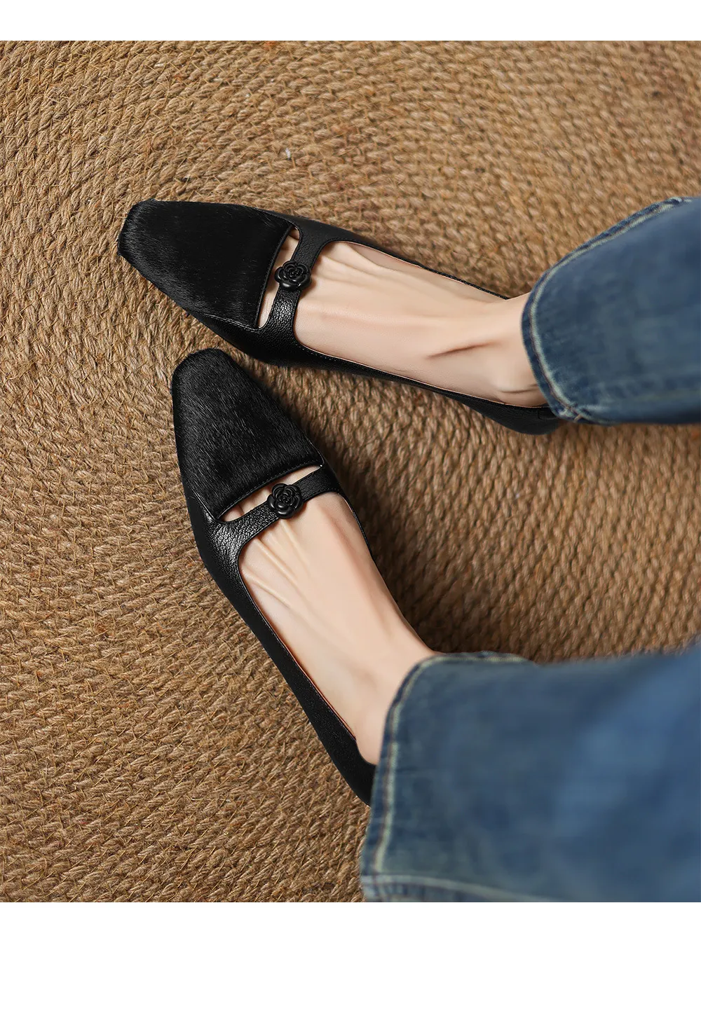 Spring/Summer Wedge Heel Square Toe Low-Cut Sheepskin Fashionable Classic Women's Shoes in Black and Brown