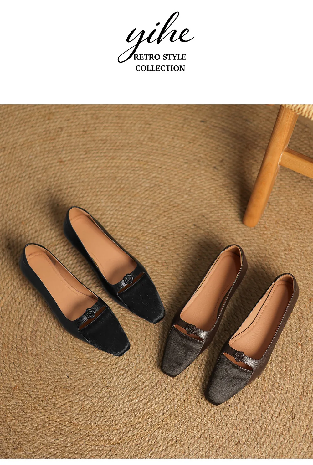 Spring/Summer Wedge Heel Square Toe Low-Cut Sheepskin Fashionable Classic Women's Shoes in Black and Brown