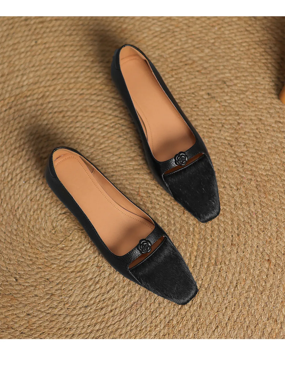 Spring/Summer Wedge Heel Square Toe Low-Cut Sheepskin Fashionable Classic Women's Shoes in Black and Brown