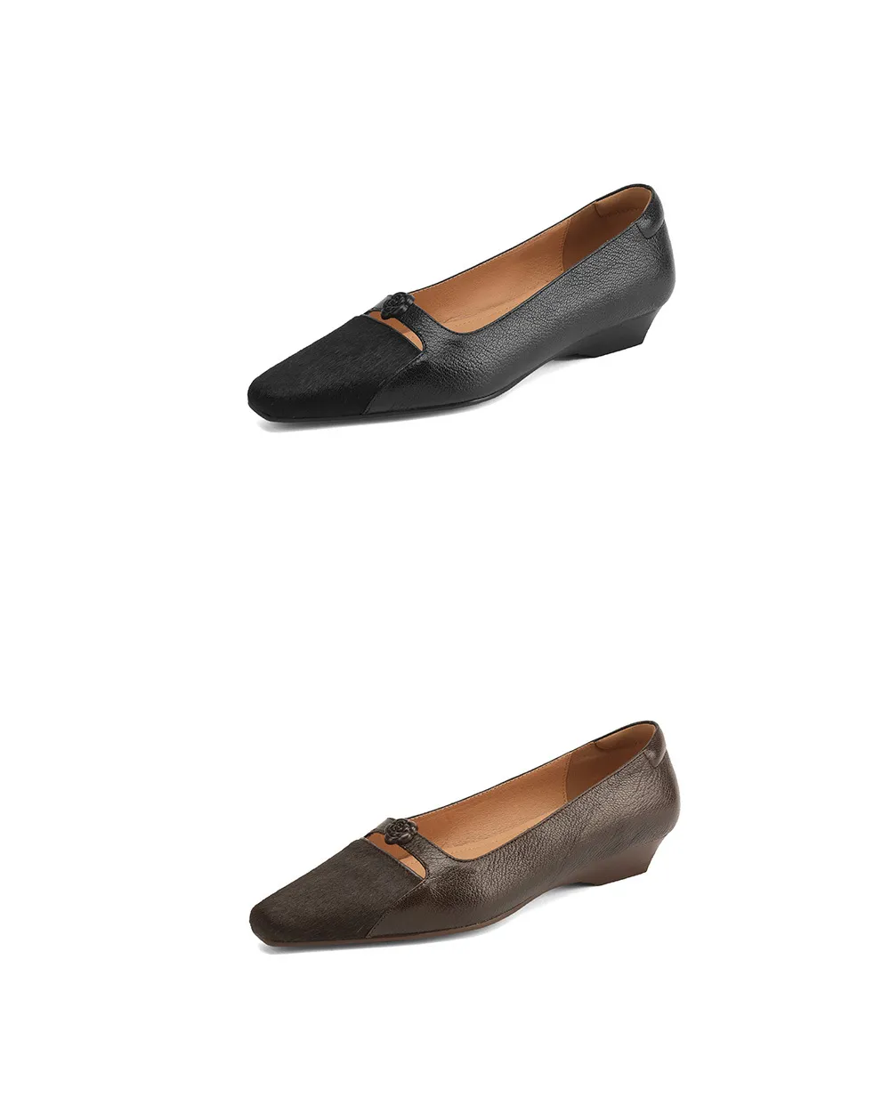 Spring/Summer Wedge Heel Square Toe Low-Cut Sheepskin Fashionable Classic Women's Shoes in Black and Brown