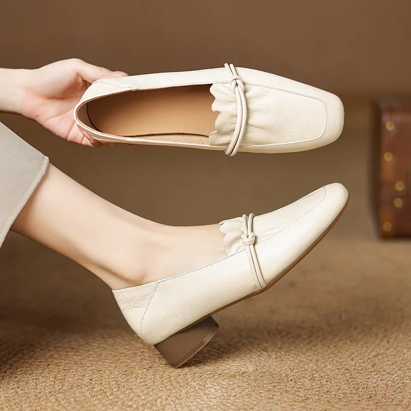 Spring/Summer Square Toe Chunky Heel Mid-Heel Slip-on Sheepskin Comfortable and Soft Leather Shoes for Women