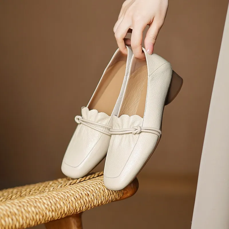 Spring/Summer Square Toe Chunky Heel Mid-Heel Slip-on Sheepskin Comfortable and Soft Leather Shoes for Women
