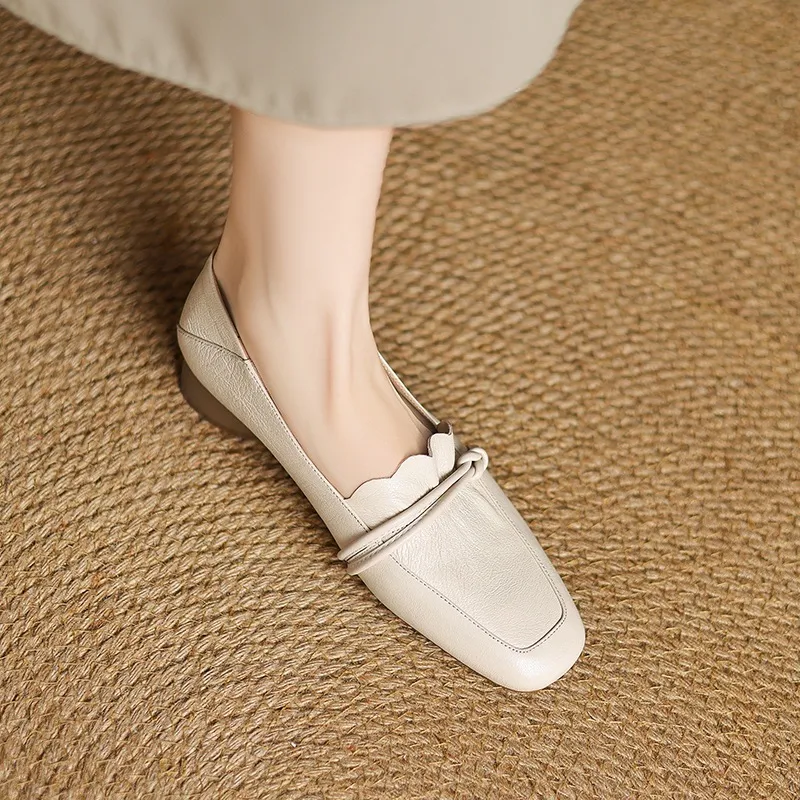 Spring/Summer Square Toe Chunky Heel Mid-Heel Slip-on Sheepskin Comfortable and Soft Leather Shoes for Women