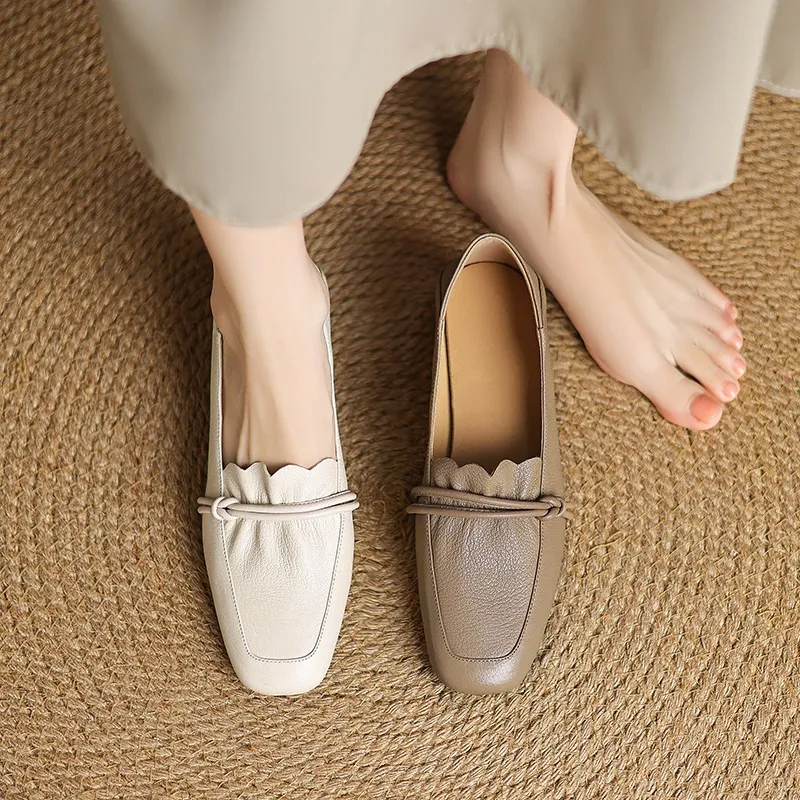 Spring/Summer Square Toe Chunky Heel Mid-Heel Slip-on Sheepskin Comfortable and Soft Leather Shoes for Women
