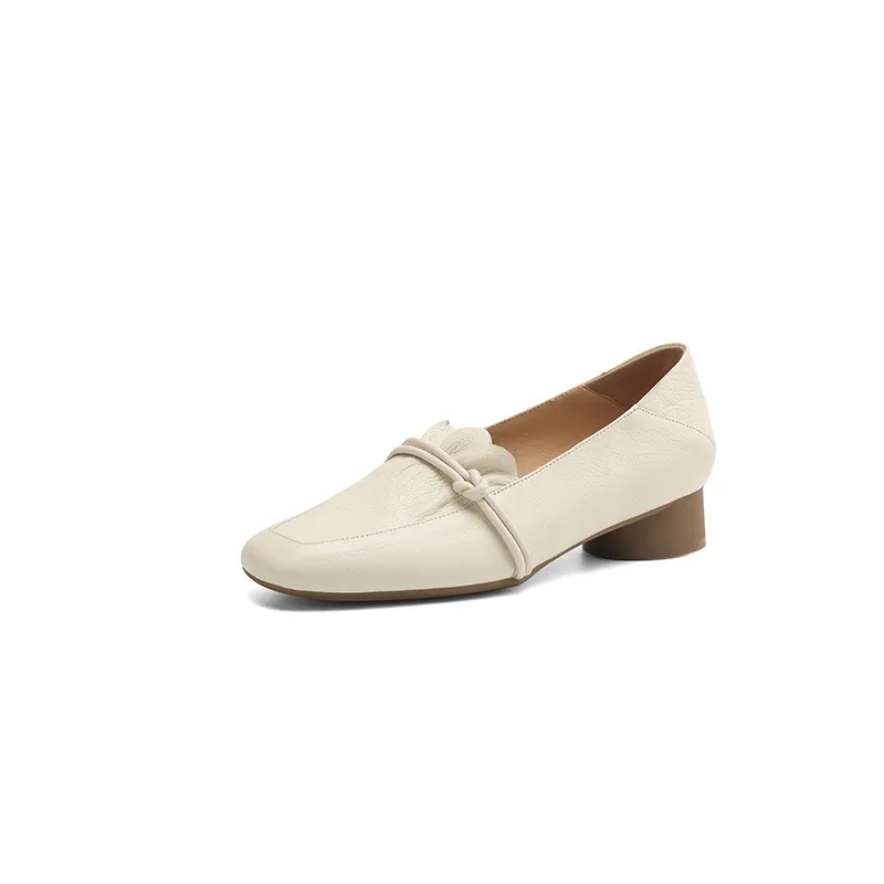 Spring/Summer Square Toe Chunky Heel Mid-Heel Slip-on Sheepskin Comfortable and Soft Leather Shoes for Women