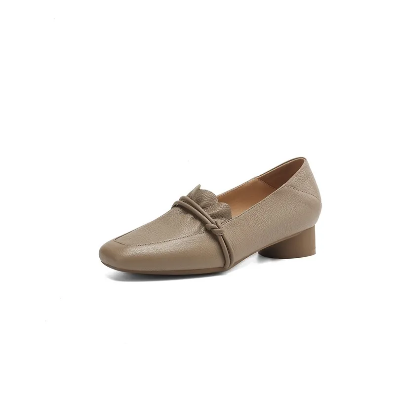 Spring/Summer Square Toe Chunky Heel Mid-Heel Slip-on Sheepskin Comfortable and Soft Leather Shoes for Women