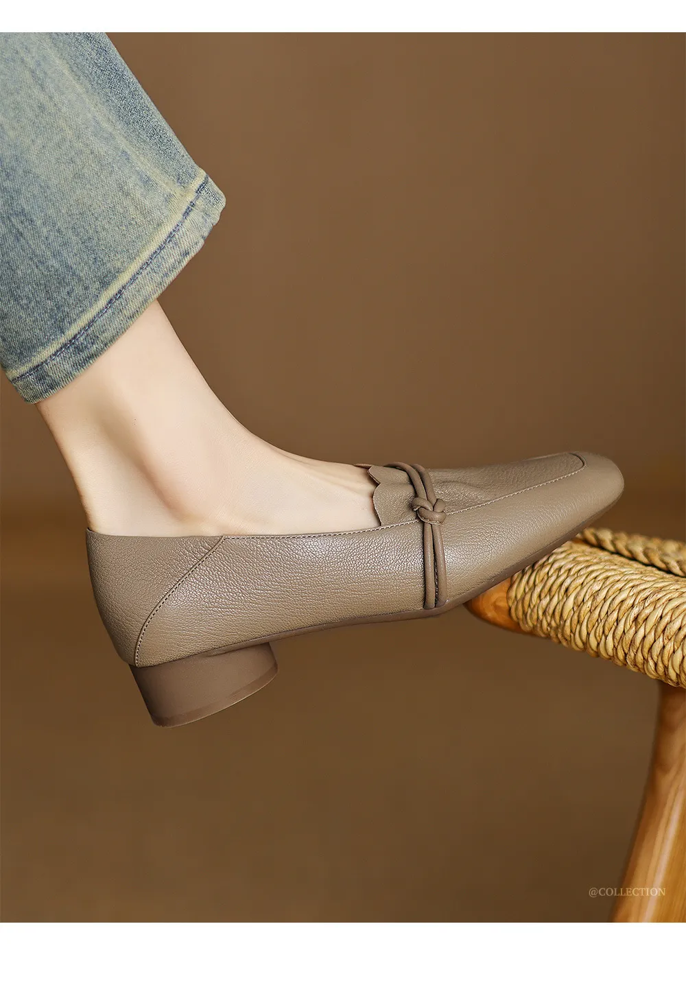 Spring/Summer Square Toe Chunky Heel Mid-Heel Slip-on Sheepskin Comfortable and Soft Leather Shoes for Women