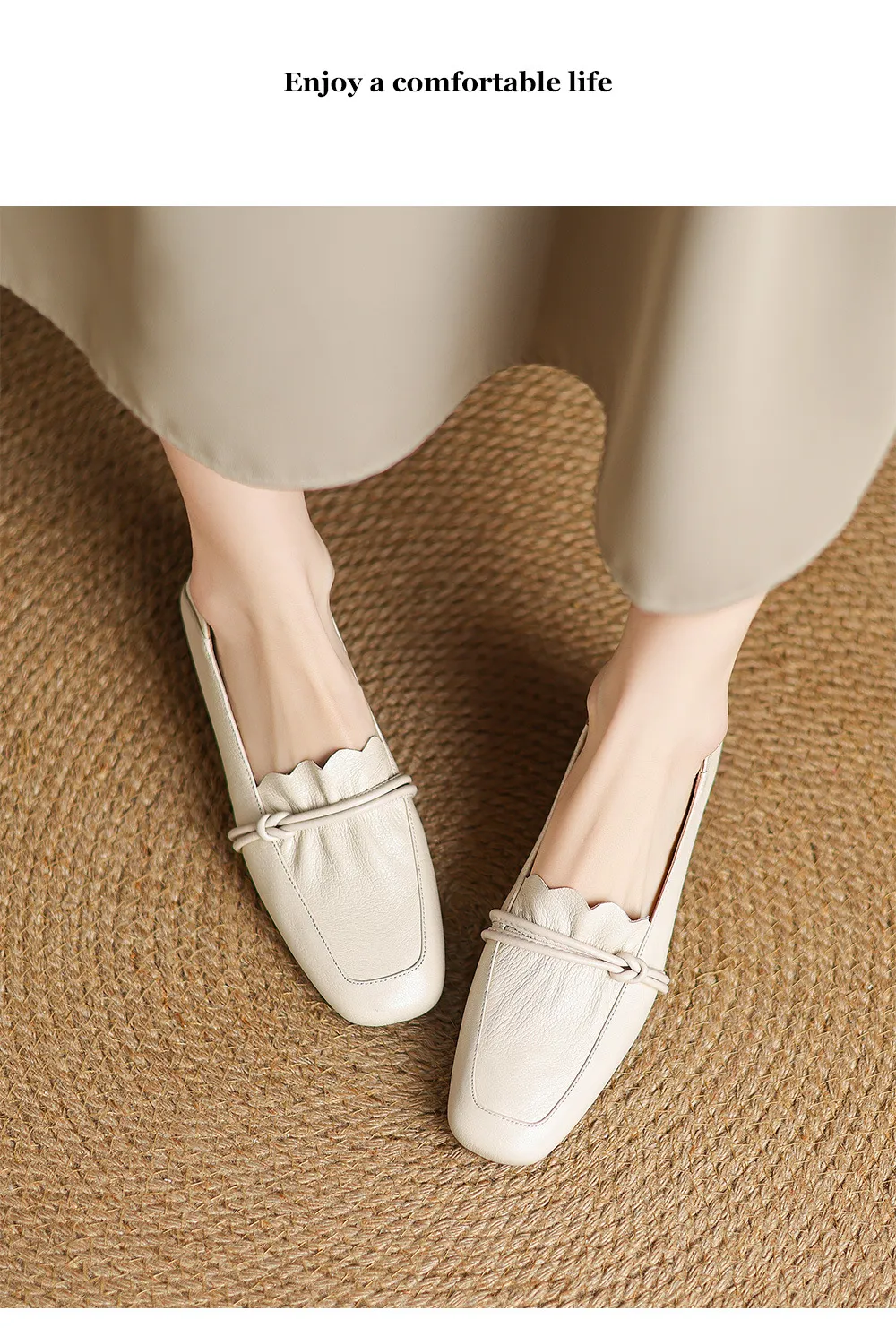 Spring/Summer Square Toe Chunky Heel Mid-Heel Slip-on Sheepskin Comfortable and Soft Leather Shoes for Women