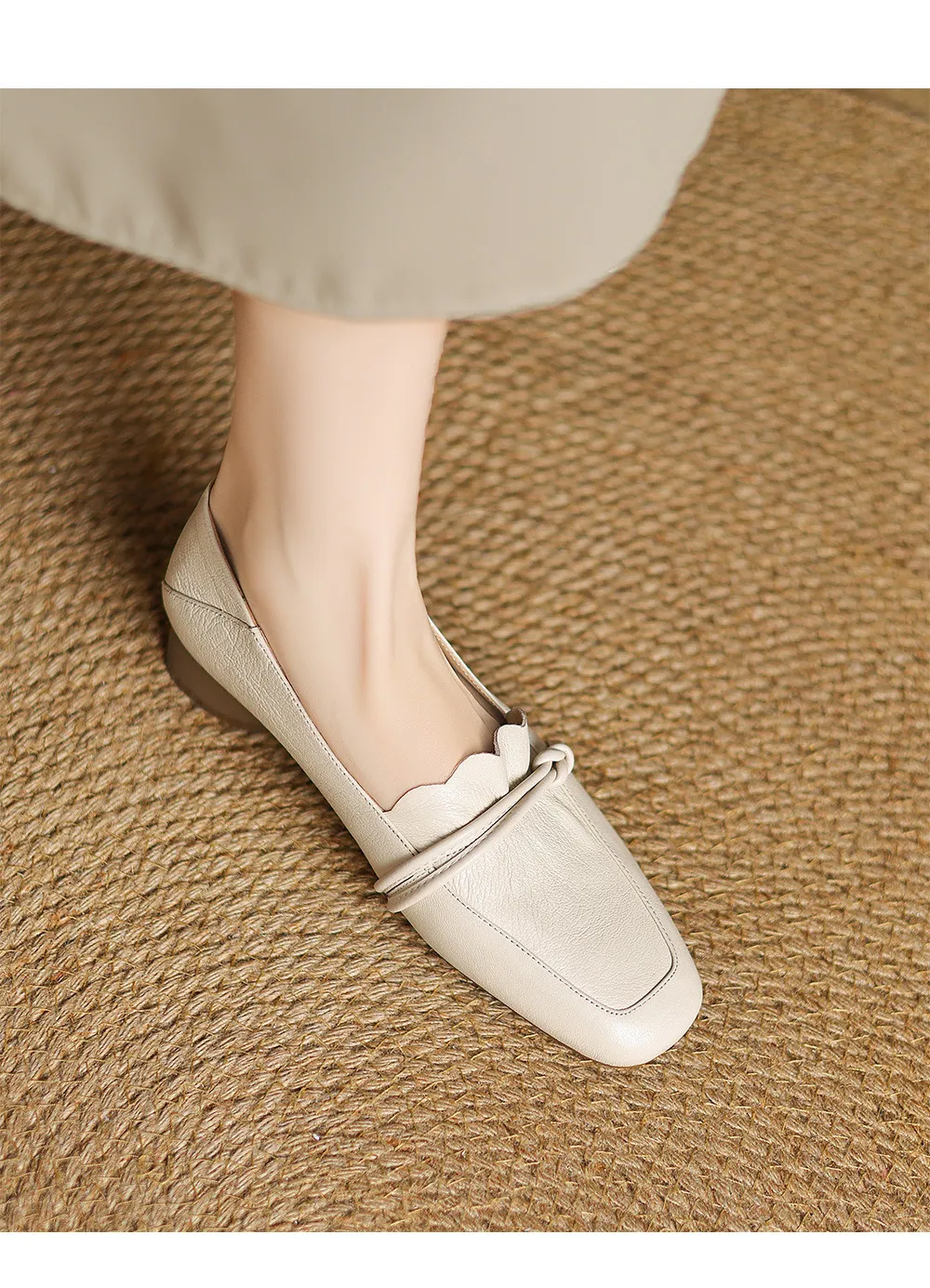 Spring/Summer Square Toe Chunky Heel Mid-Heel Slip-on Sheepskin Comfortable and Soft Leather Shoes for Women