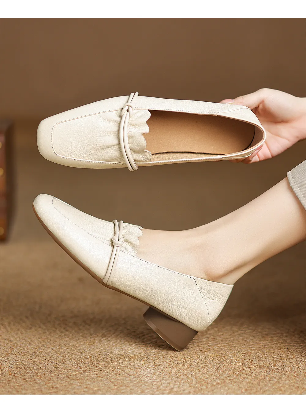 Spring/Summer Square Toe Chunky Heel Mid-Heel Slip-on Sheepskin Comfortable and Soft Leather Shoes for Women