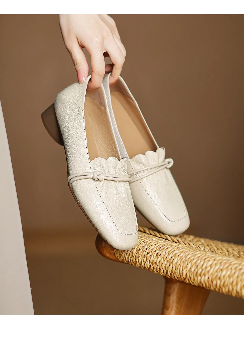 Spring/Summer Square Toe Chunky Heel Mid-Heel Slip-on Sheepskin Comfortable and Soft Leather Shoes for Women