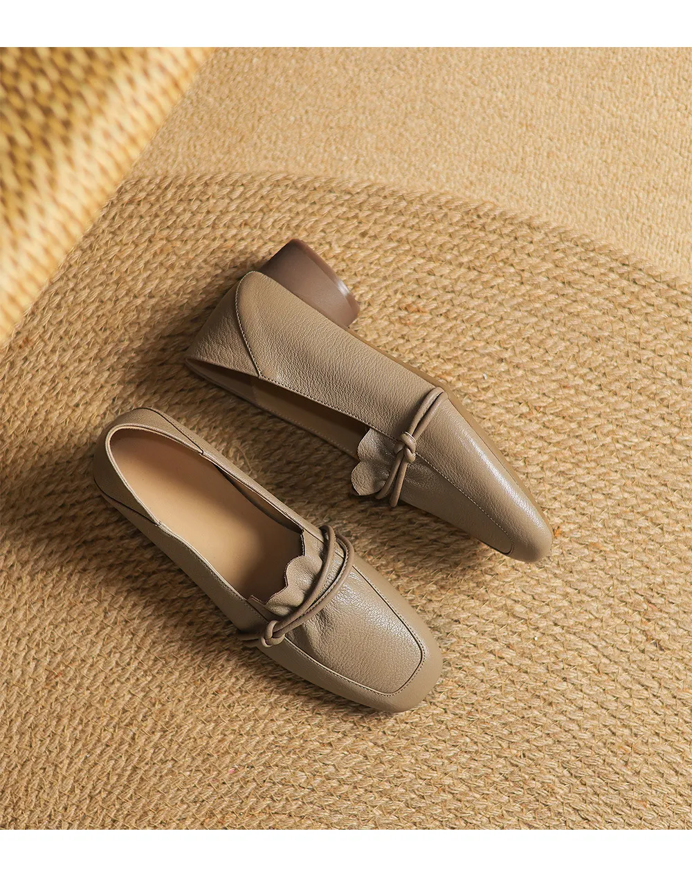 Spring/Summer Square Toe Chunky Heel Mid-Heel Slip-on Sheepskin Comfortable and Soft Leather Shoes for Women