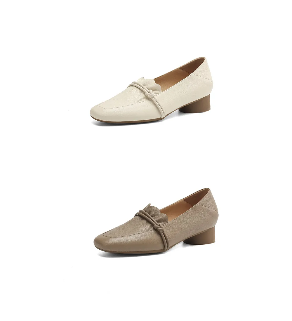 Spring/Summer Square Toe Chunky Heel Mid-Heel Slip-on Sheepskin Comfortable and Soft Leather Shoes for Women