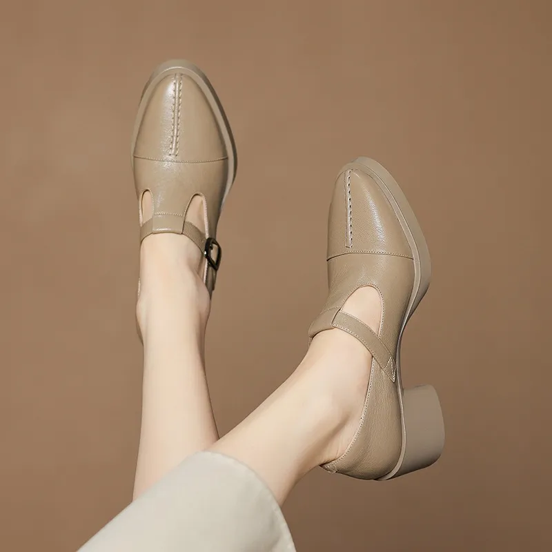 Spring/Summer Women's Round Toe Chunky Heel High Heel Buckle Shoes Comfortable and Soft Sheepskin Women's Shoes