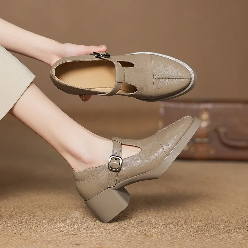 Spring/Summer Women's Round Toe Chunky Heel High Heel Buckle Shoes Comfortable and Soft Sheepskin Women's Shoes