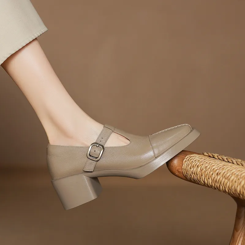 Spring/Summer Women's Round Toe Chunky Heel High Heel Buckle Shoes Comfortable and Soft Sheepskin Women's Shoes