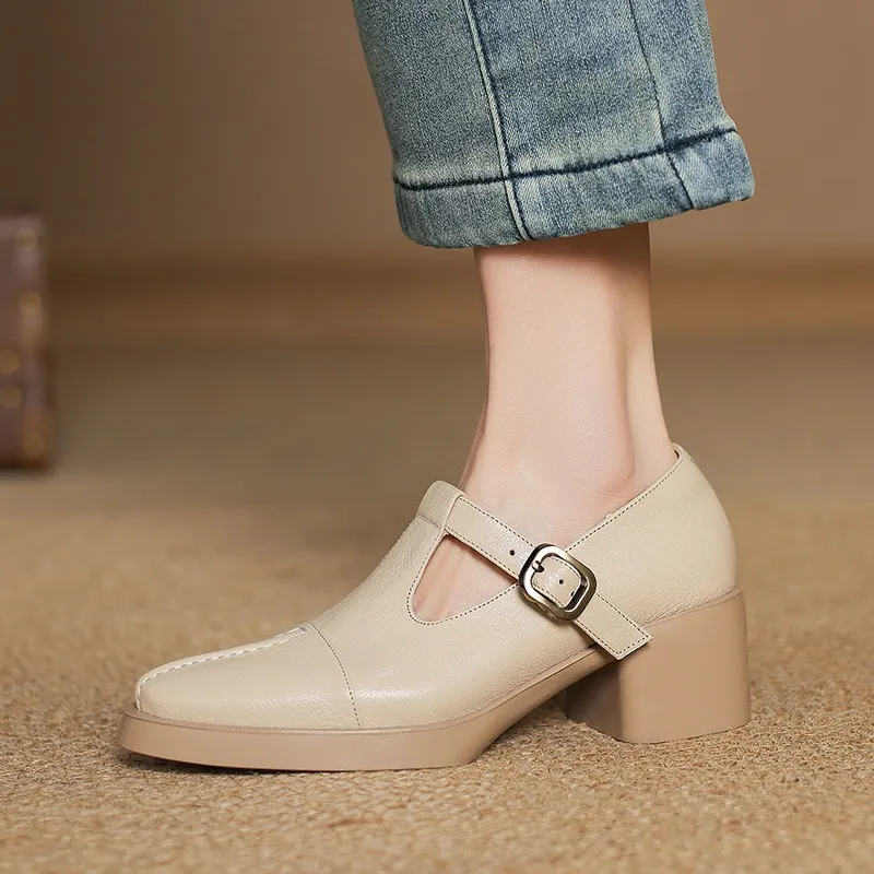Spring/Summer Women's Round Toe Chunky Heel High Heel Buckle Shoes Comfortable and Soft Sheepskin Women's Shoes