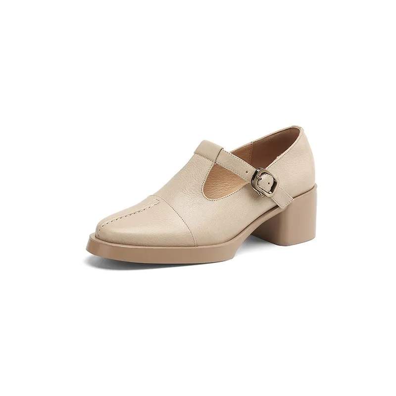 Spring/Summer Women's Round Toe Chunky Heel High Heel Buckle Shoes Comfortable and Soft Sheepskin Women's Shoes