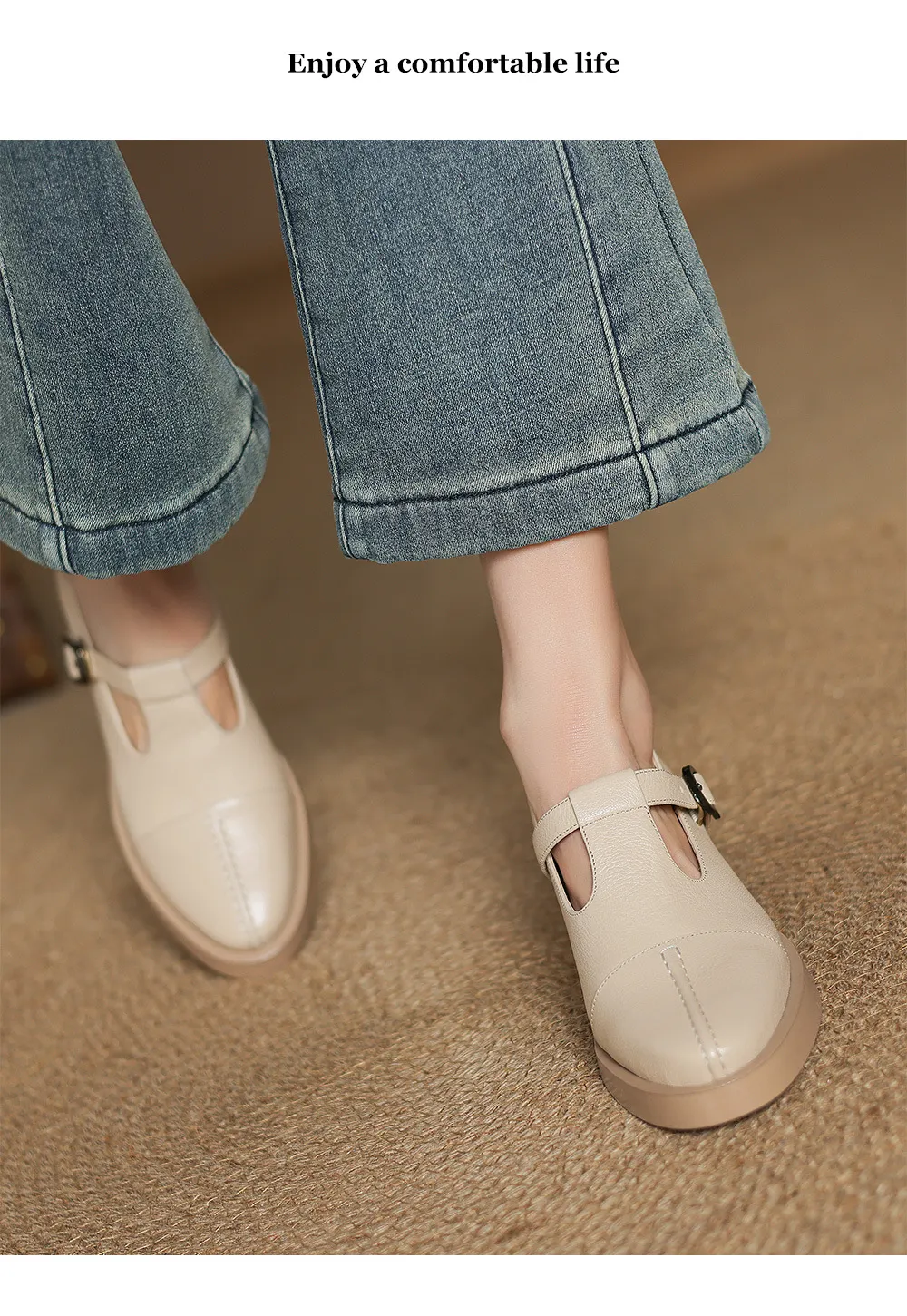Spring/Summer Women's Round Toe Chunky Heel High Heel Buckle Shoes Comfortable and Soft Sheepskin Women's Shoes