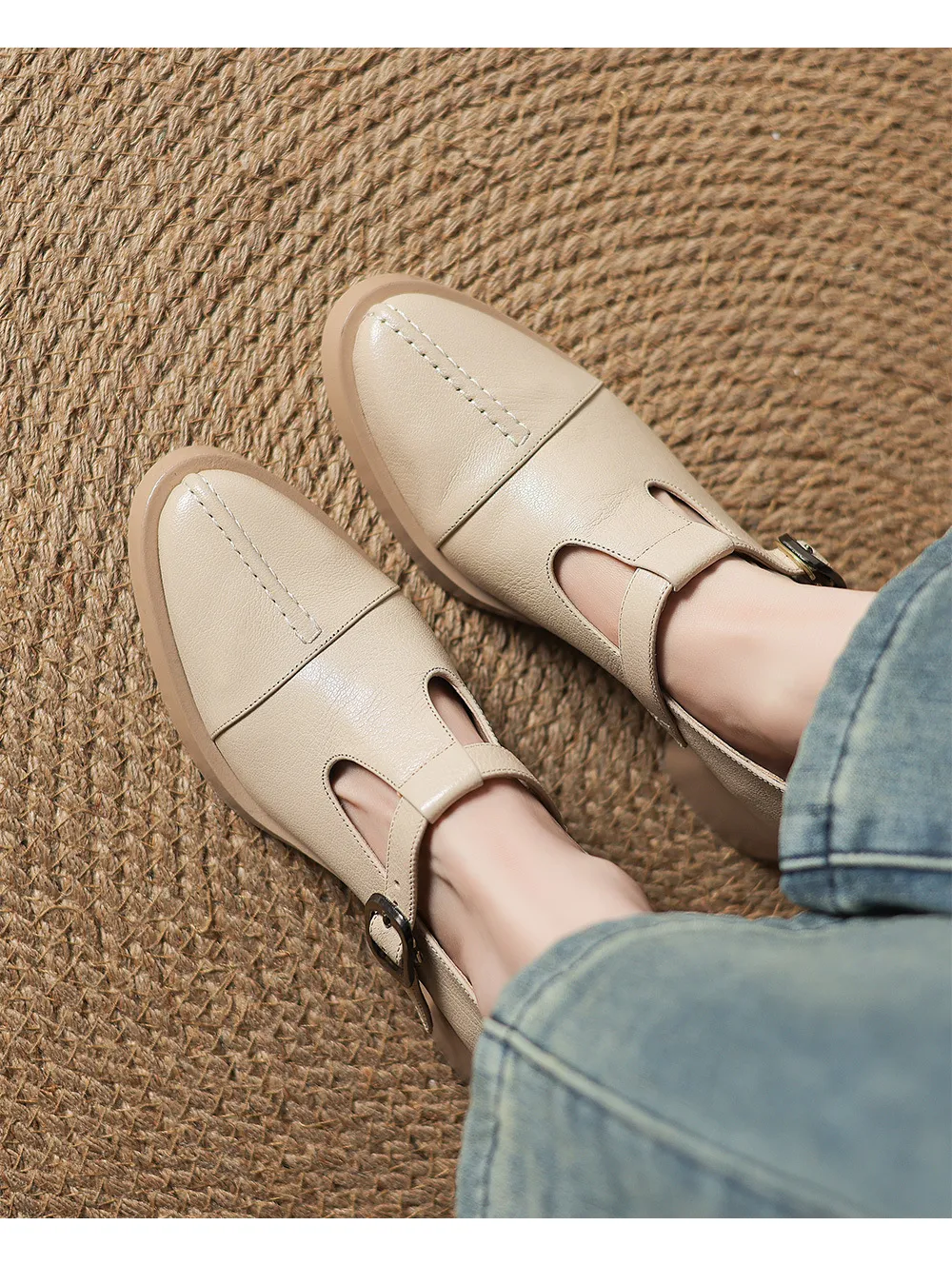 Spring/Summer Women's Round Toe Chunky Heel High Heel Buckle Shoes Comfortable and Soft Sheepskin Women's Shoes