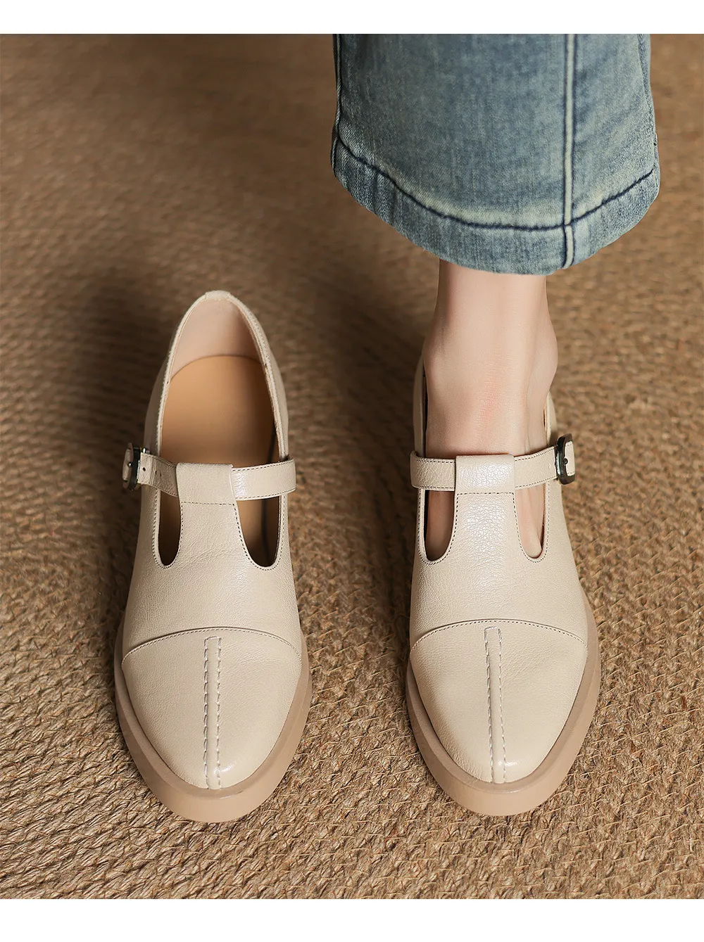 Spring/Summer Women's Round Toe Chunky Heel High Heel Buckle Shoes Comfortable and Soft Sheepskin Women's Shoes