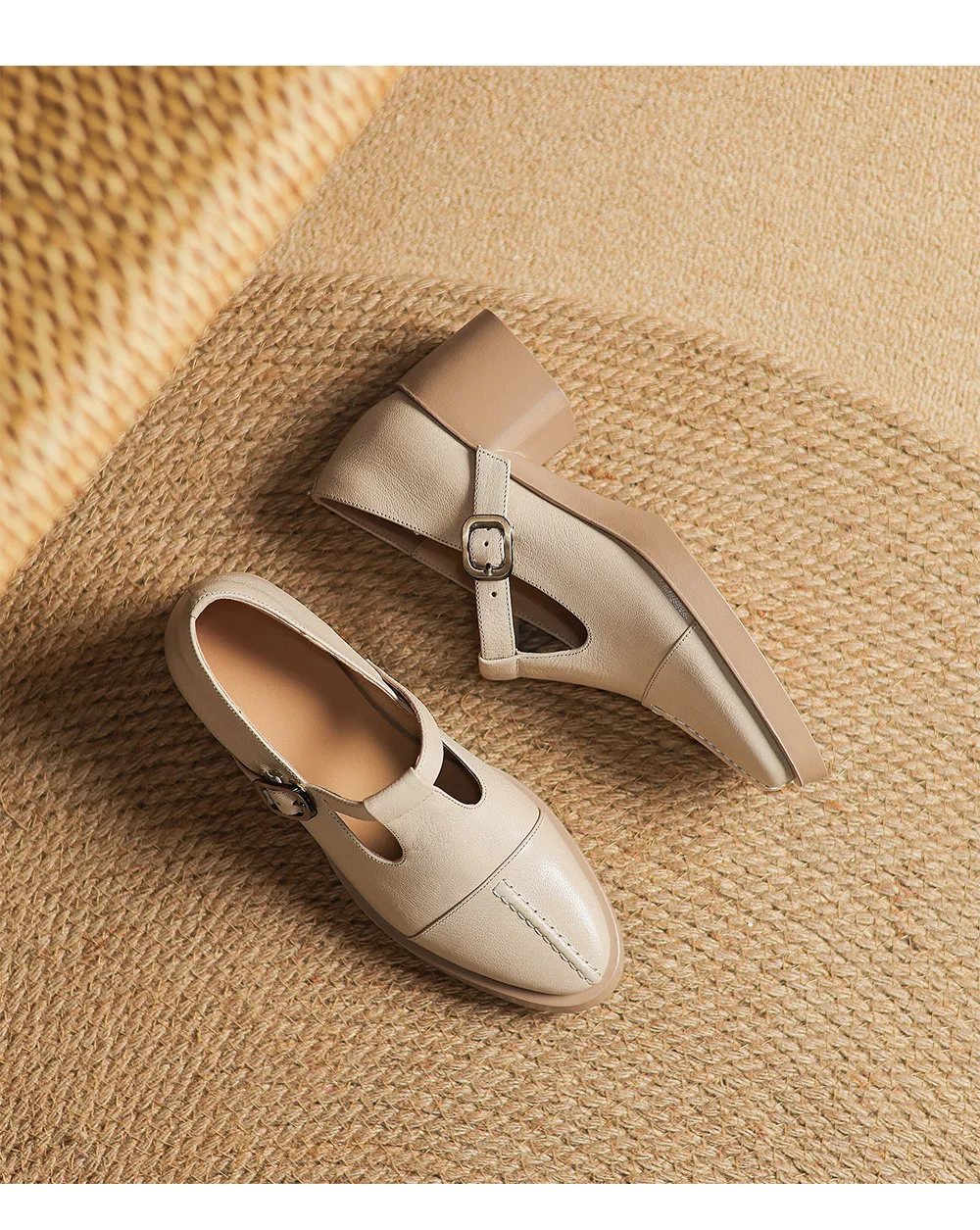 Spring/Summer Women's Round Toe Chunky Heel High Heel Buckle Shoes Comfortable and Soft Sheepskin Women's Shoes