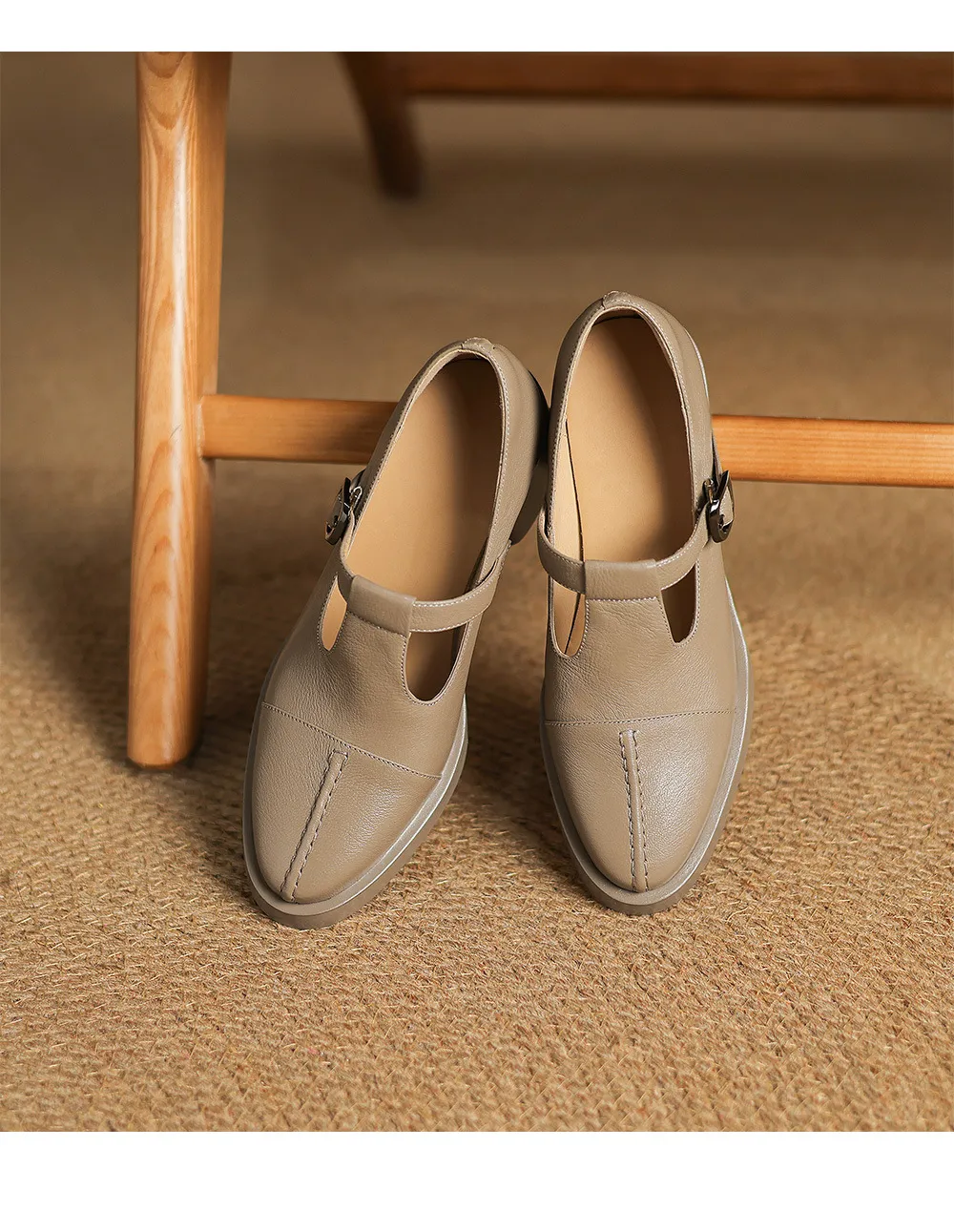 Spring/Summer Women's Round Toe Chunky Heel High Heel Buckle Shoes Comfortable and Soft Sheepskin Women's Shoes